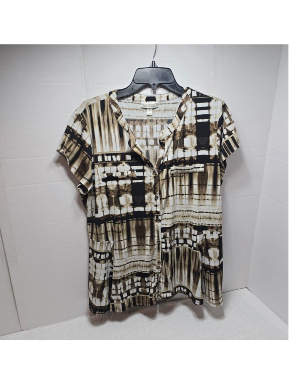 Women's DANA BUCHMAN Tunic Top XL Brown White Abstract Print